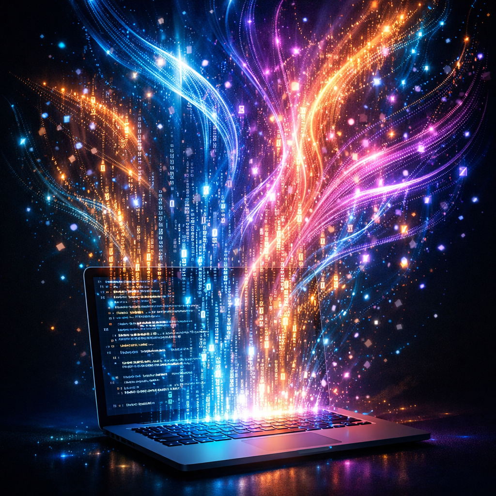 Laptop with vibrant streams of code and light flowing upward